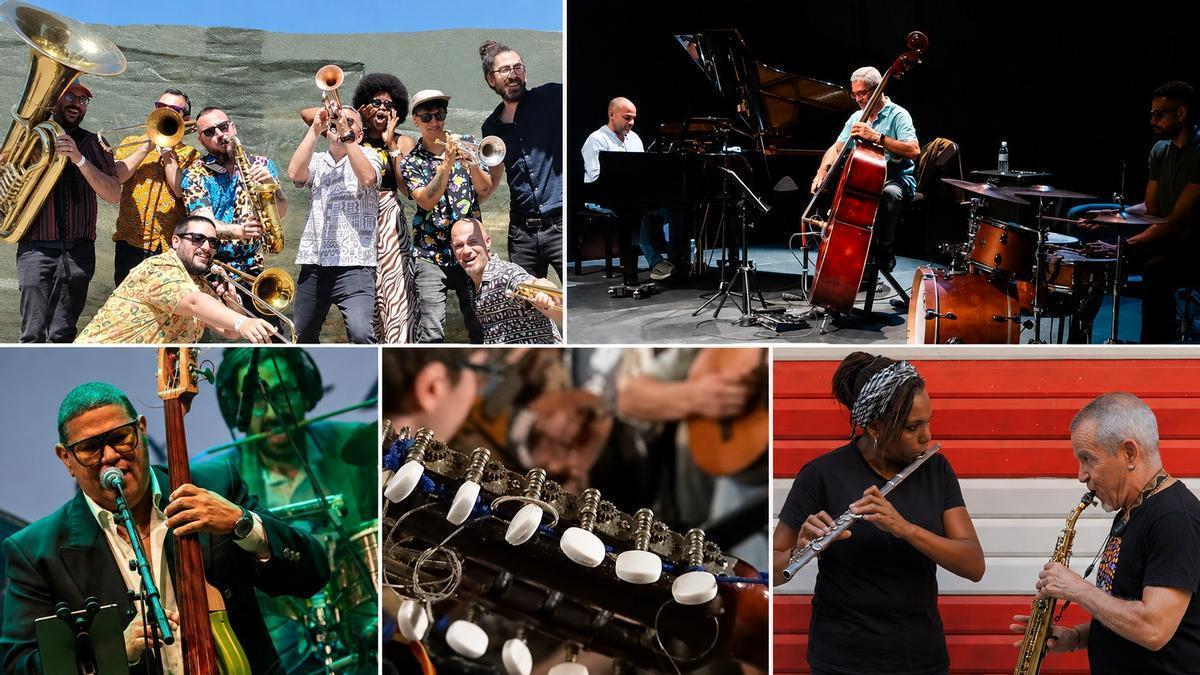 De izquierda a derecha y de arriba abajo; Brassbandicot, Daniel Amat &amp; Francis Posé Trío, La Quinta Sonera, Aurora de Iznájar y Ede &amp; Fe Quinteto.