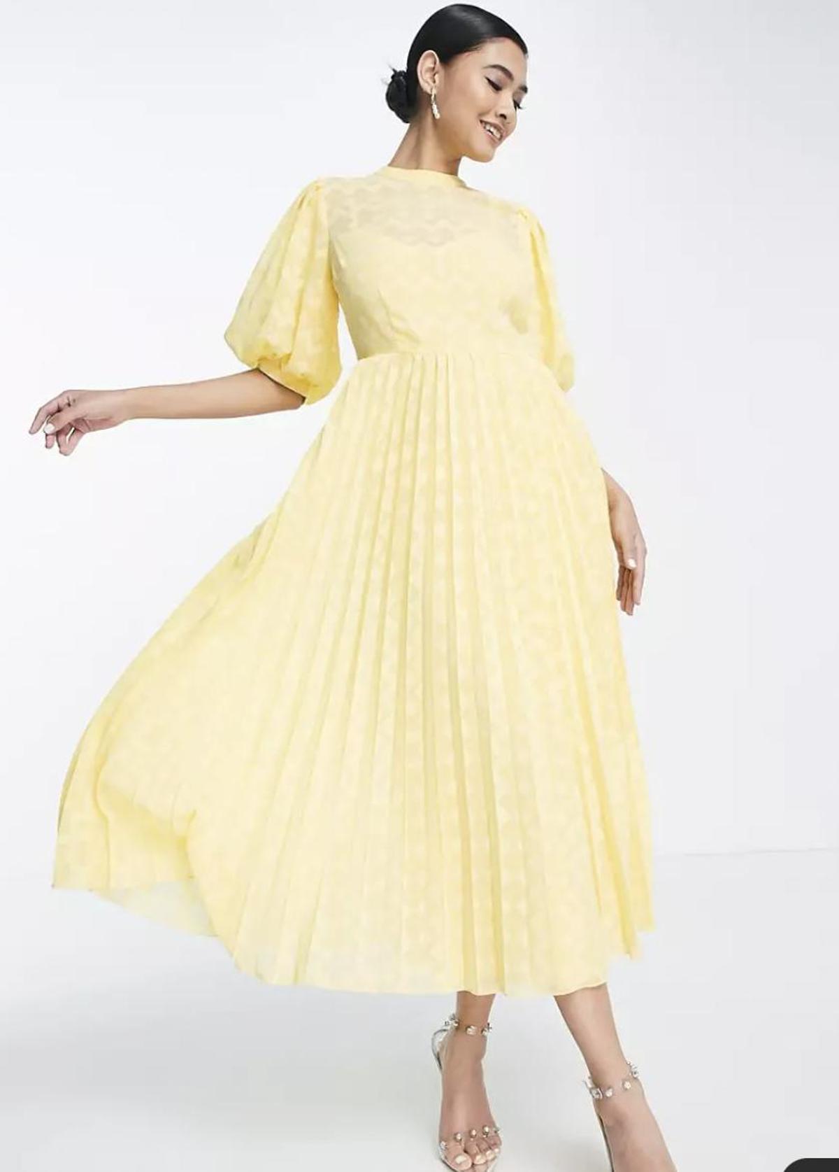Vestido midi amarillo plisado con cuello subido, mangas abullonadas y plumeti de chevrón de ASOS DESIGN