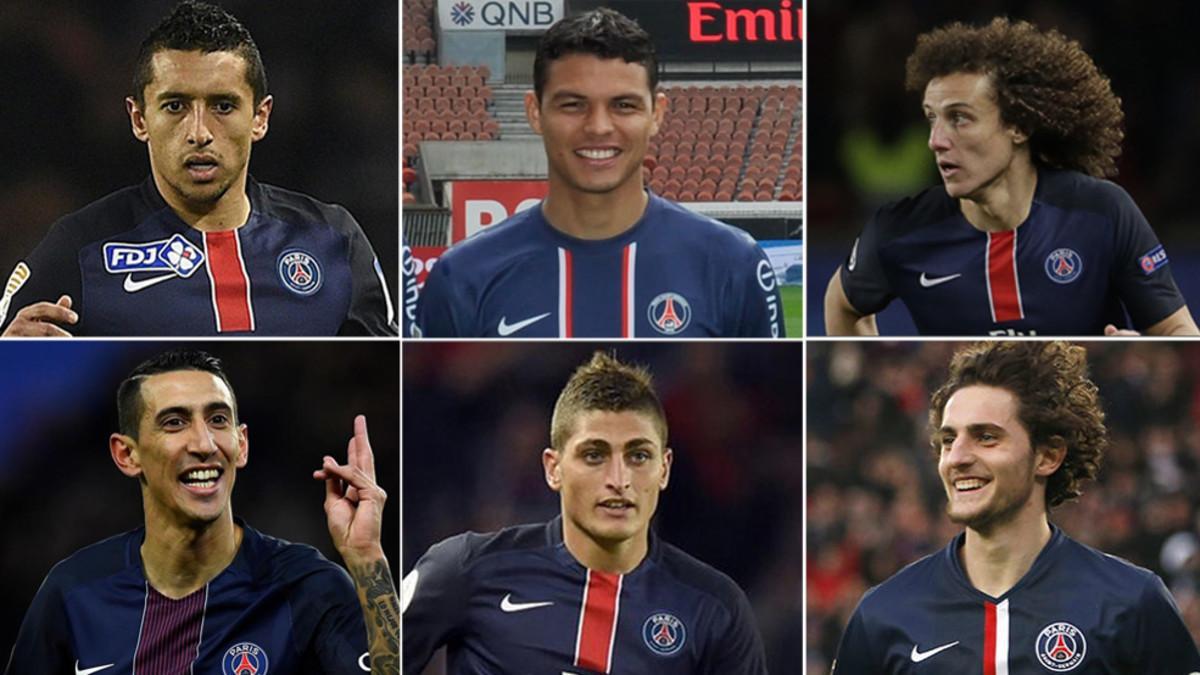 Marquinhos, Thiago Silva, David Luiz, Di María, Verratti y Rabiot