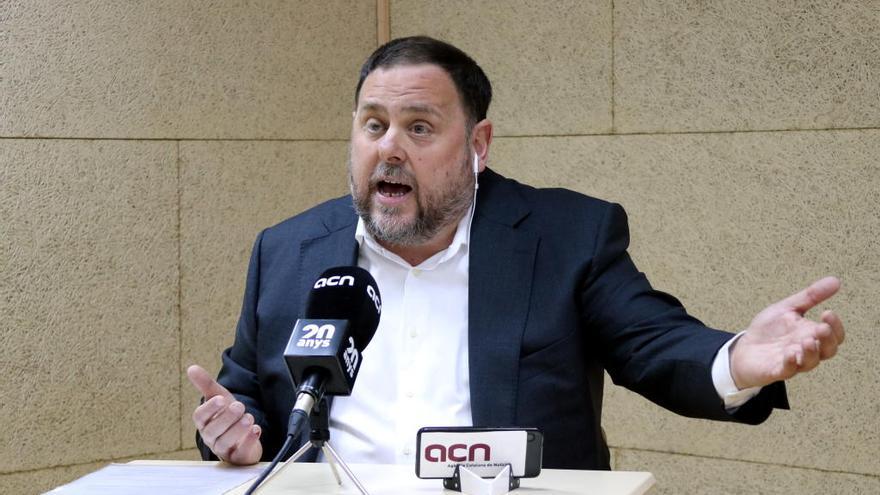 Oriol Junqueras durant la roda de premsa del 19 d&#039;abril des de Soto del Real