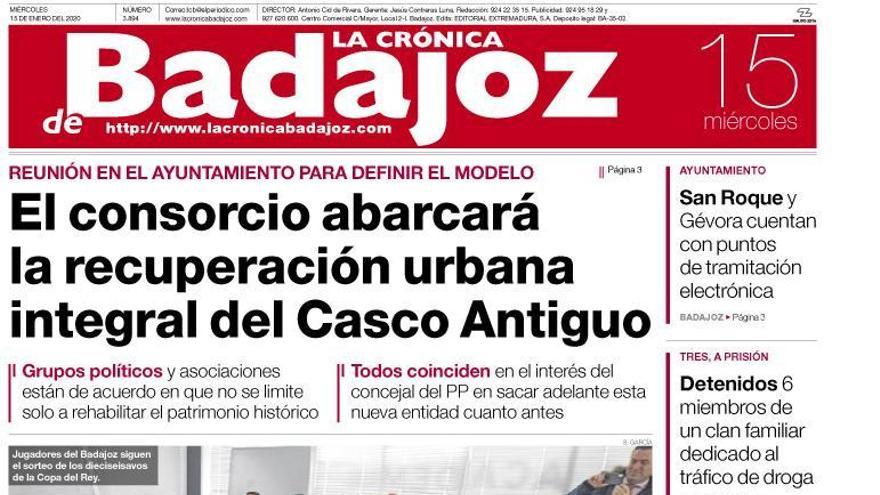 Esta es la portada de LA CRÓNICA DE BADAJOZ correspondiente al día 15 de enero del 2020