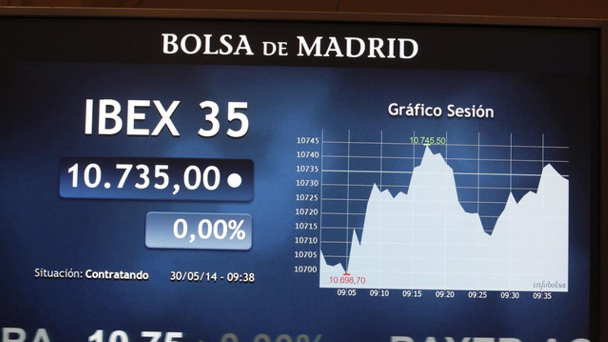 Un panel indicador de la evolución del Ibex, el 30 de mayo en la Bolsa de Madrid