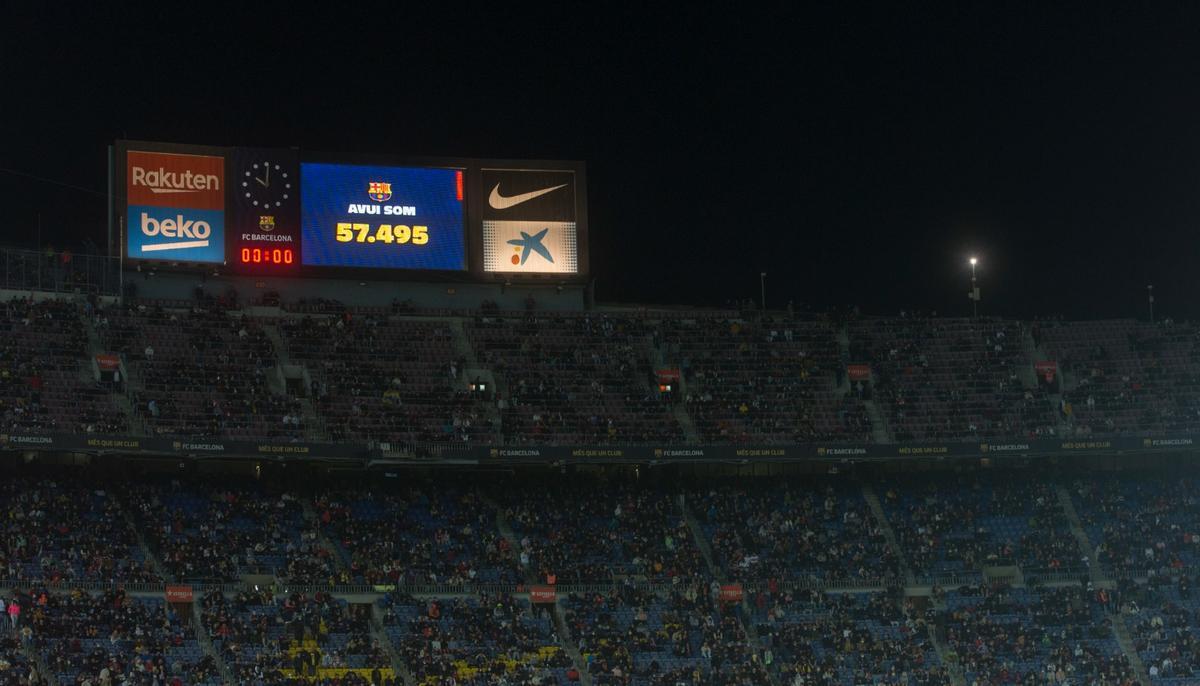 El marcador del Camp Nou, con la asistencia de público en el Barça-Cádiz.