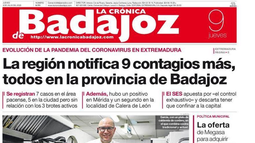 Esta es la portada de LA CRÓNICA DE BADAJOZ correspondiente al día 9 de julio del 2020