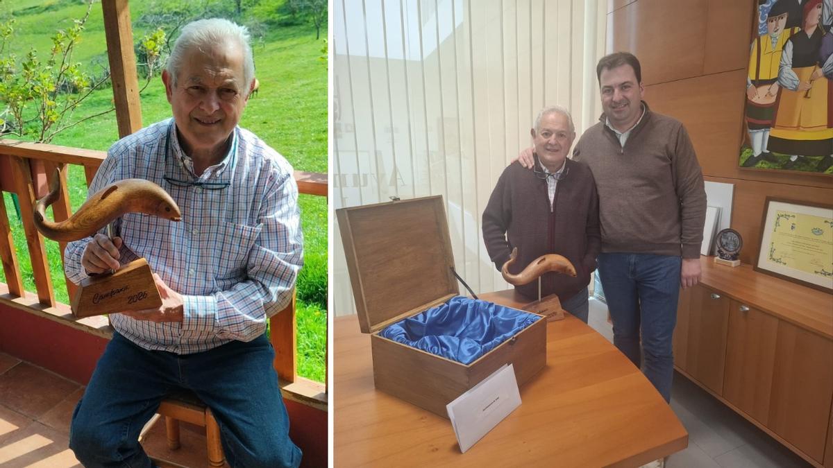 A la izquierda Manuel López con su creación y, a la derecha, tras entregarla a alcalde de Salas, Sergio Hidalgo.