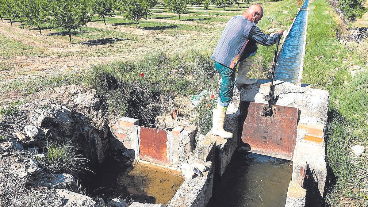 Un agricultor aprofita l’aigua del canal d’Urgell abans del seu tancament a l’abril.