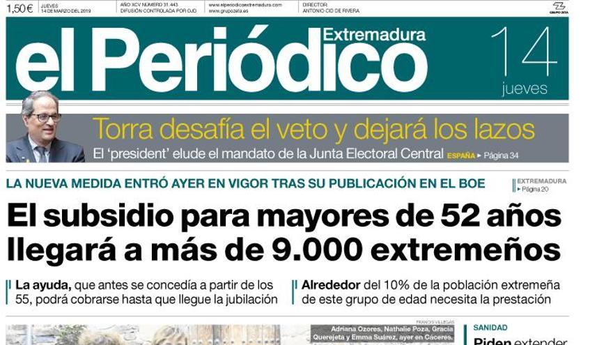 Esta es la portada de EL PERIÓDICO EXTREMADURA correspondiente al día 14 de marzo del 2019