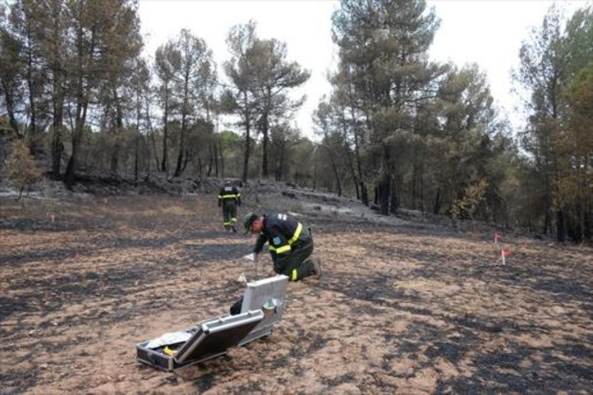 Dos agents rurals treballen al punt on va començar el foc. Dos agents rurals treballen al punt on va començar el foc.