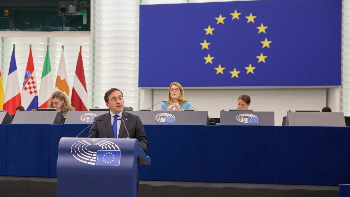 El ministro de Exteriores en funciones, José Manuel Albares, este miércoles en el Parlamento Europeo.