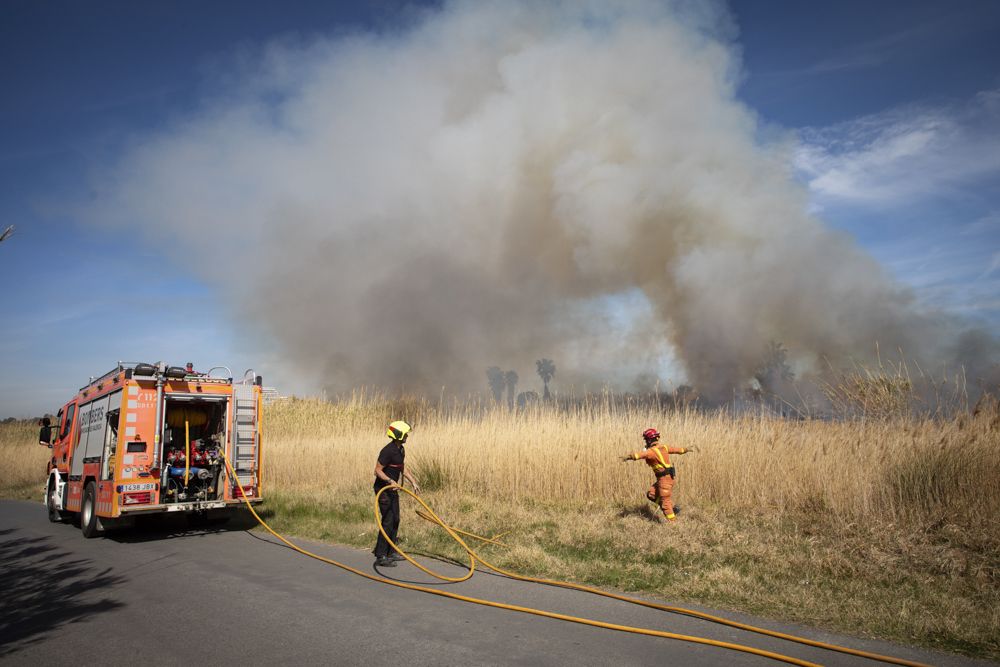 Aparatoso incendio en el delta del Palancia del Port de Sagunt.