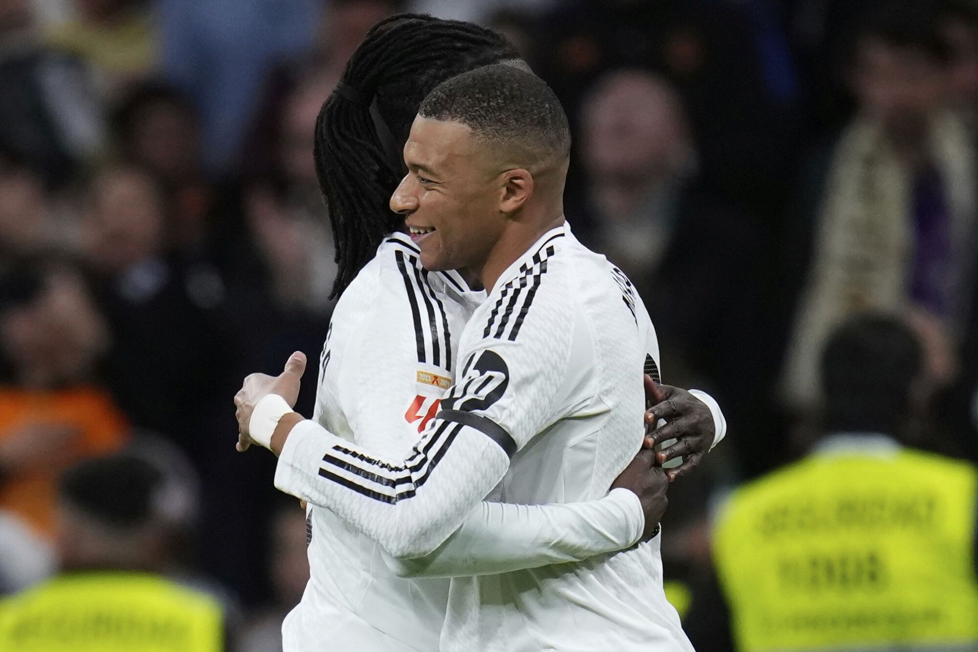Real Madrid's Kylian Mbappe reactes after scoring during a Spanish La Liga soccer match between Real Madrid and Leganes at the Santiago Bernabeu stadium in Madrid, Spain, Saturday, March 29, 2025. (AP Photo/Manu Fernandez) Associated Press/LaPresse. EDITORIAL USE ONLY/ONLY ITALY AND SPAIN