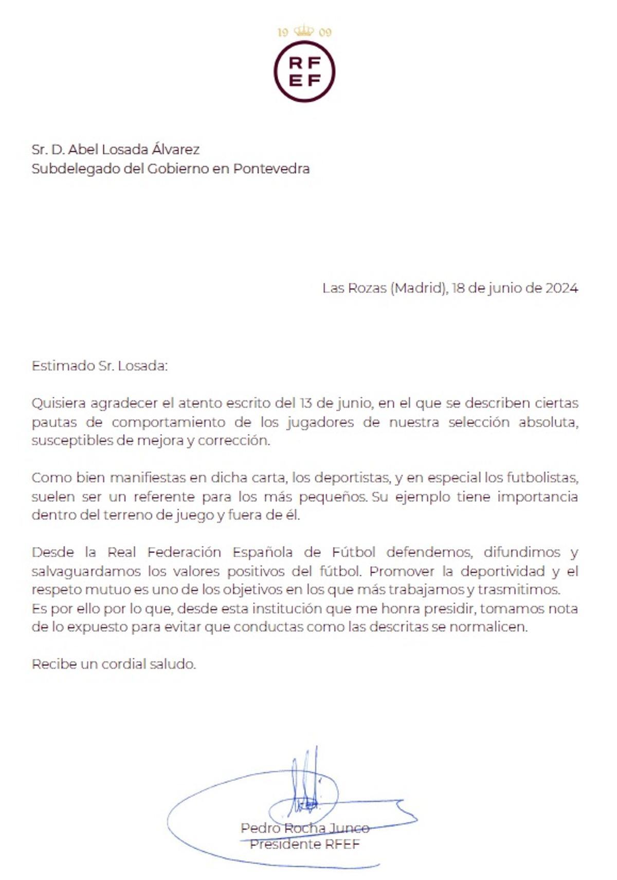 Carta de contestación de Pedro Rocha tras la solicitud del subdelegado del Gobierno en Pontevedra, Abel Losada.