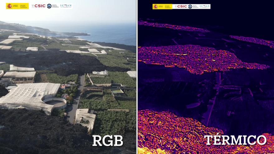 El avance de las coladas del volcán de La Palma, al natural y con cámara térmica