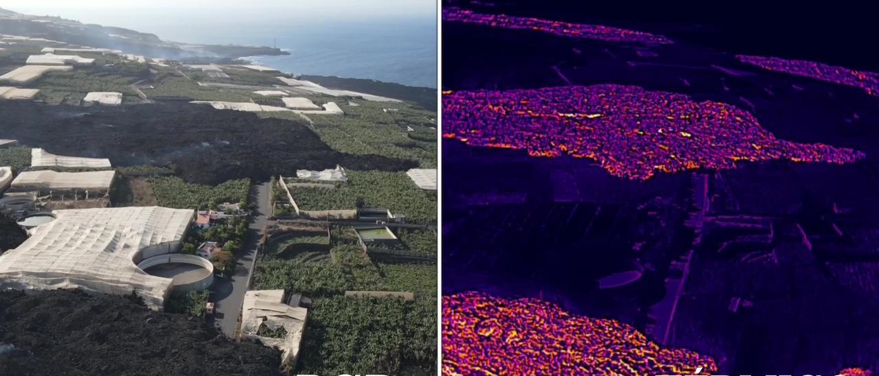 El avance de las coladas del volcán de La Palma, al natural y con cámara térmica