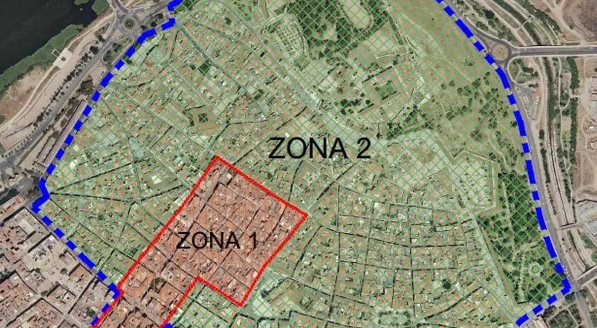Mapa con las zona de baja emisiones en el Casco Antiguo de Badajoz, con dos áreas, la 1 era la única implantada hasta ahora.