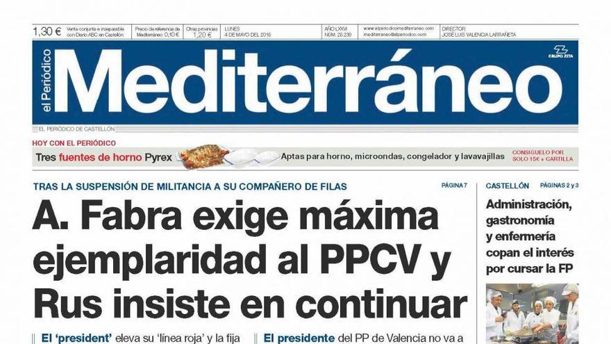 A. Fabra exige máxima ejemplaridad al PPCV y Rus insiste en continuar, hoy en la portada de El Periódico Mediterráneo