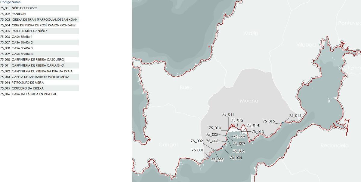 El mapa que se incluye en el catálogo de la Xunta con la localización de los bienes inventariados en el litoral de Moaña.
