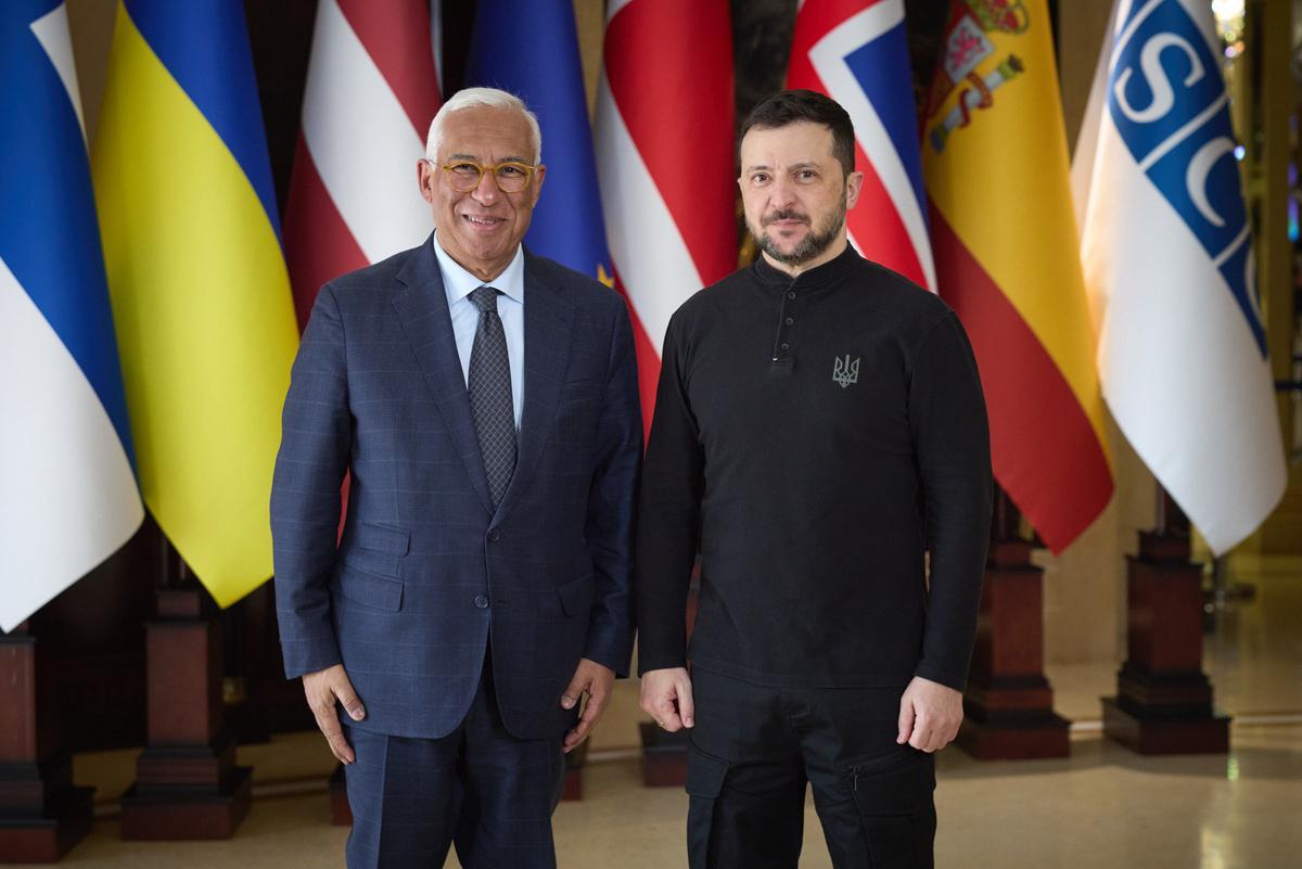 El presidente de Ucrania, Volodimir Zelenski, recibe en Kiev al presidente del Consejo Europeo, António Costa