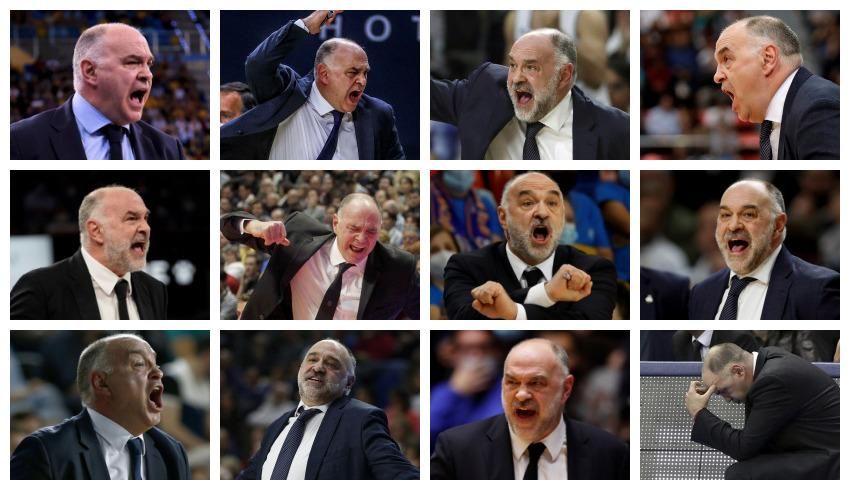 Pablo Laso, en diferentes partidos de su etapa como entrenador del Real Madrid.