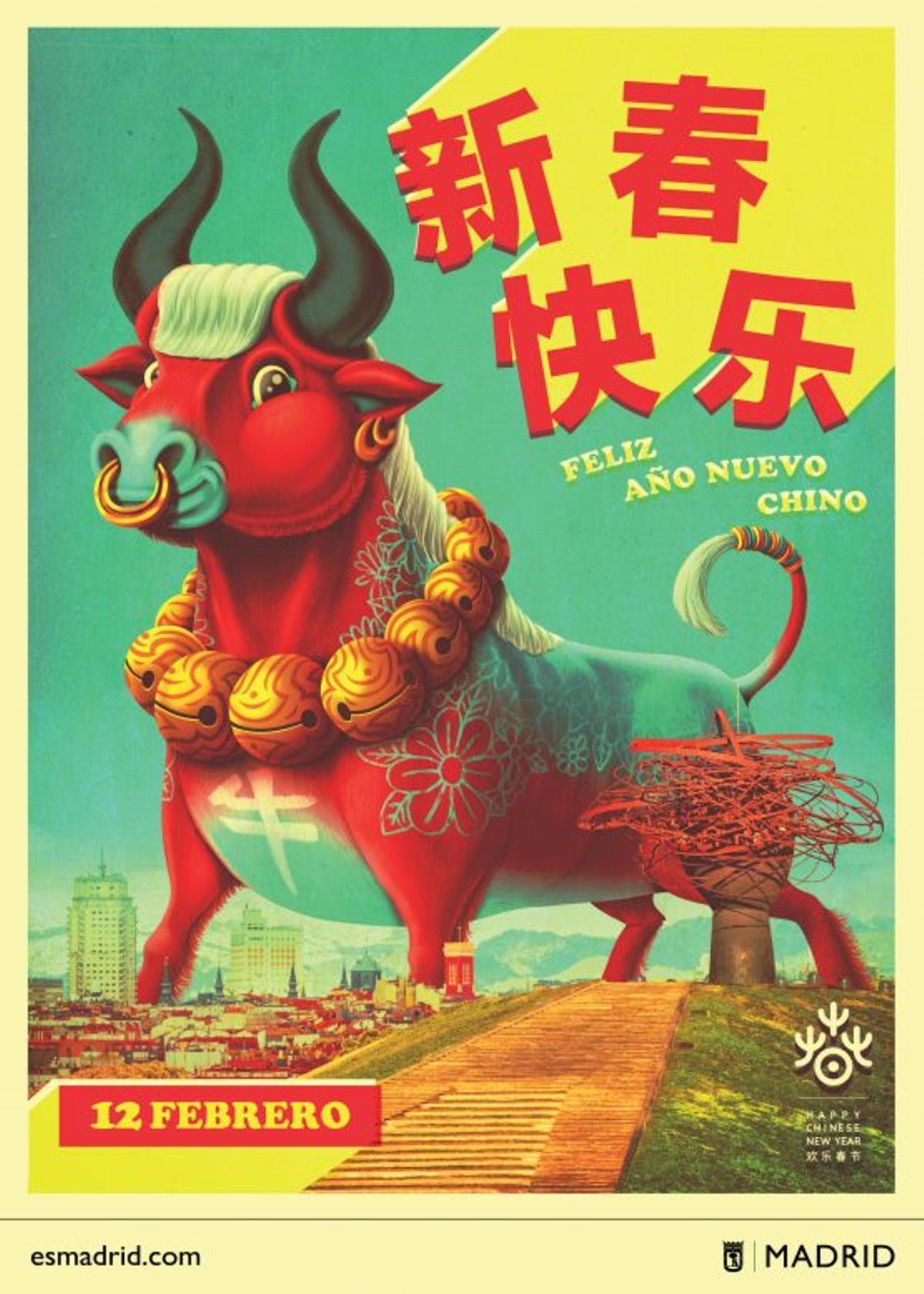 Cartel Año Nuevo Chino de 2021, un toro se presenta en el Cerro de la Dama del Manzanares, que preside el parque Lineal