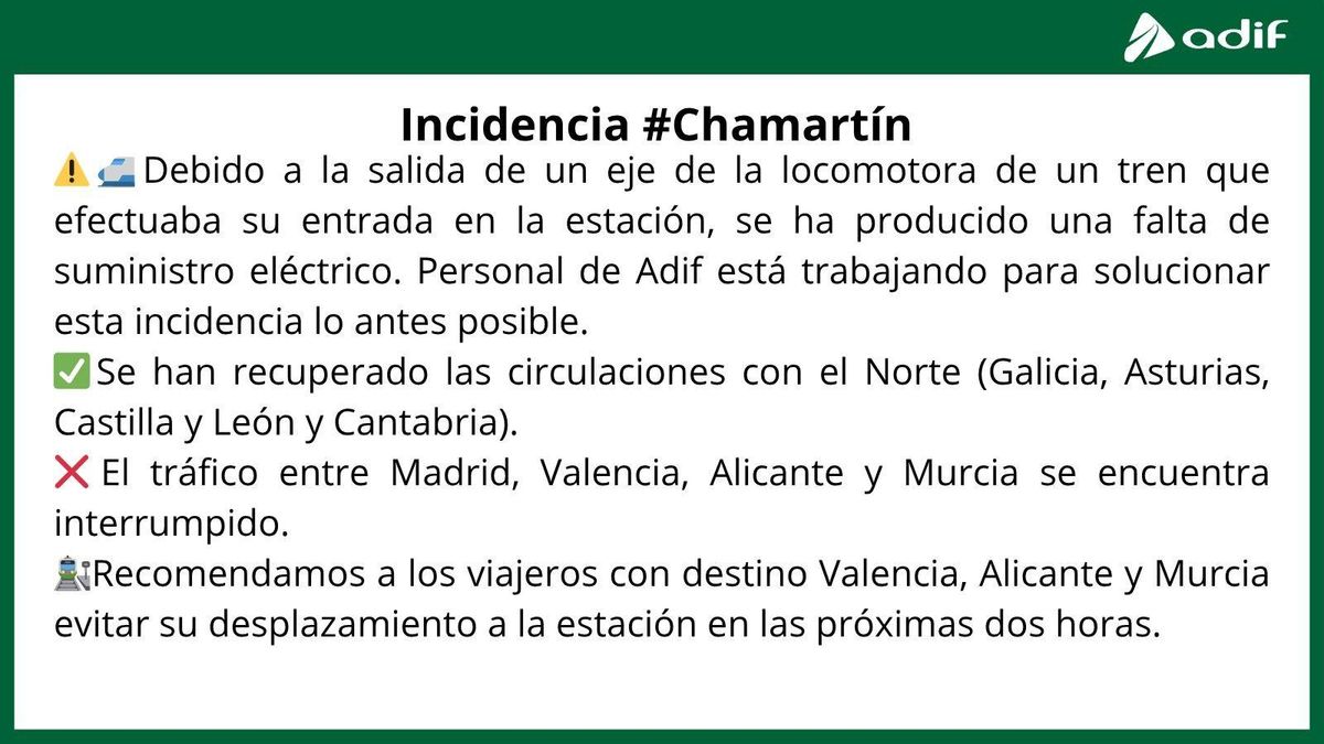 Comunicado de Adif a las 16.00 horas.