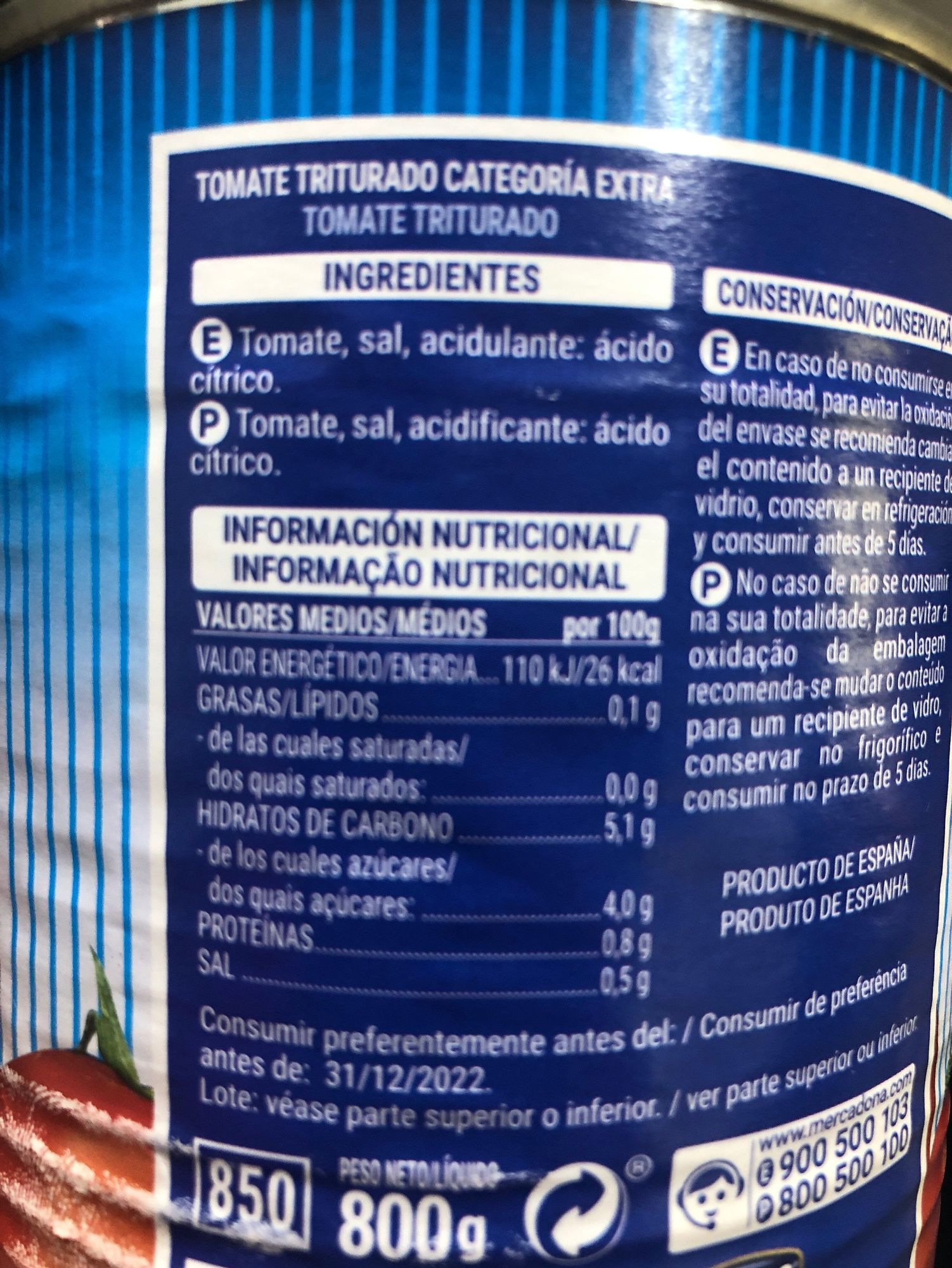 Información nutricional del tomate triturado Hacendado de Mercadona. SD