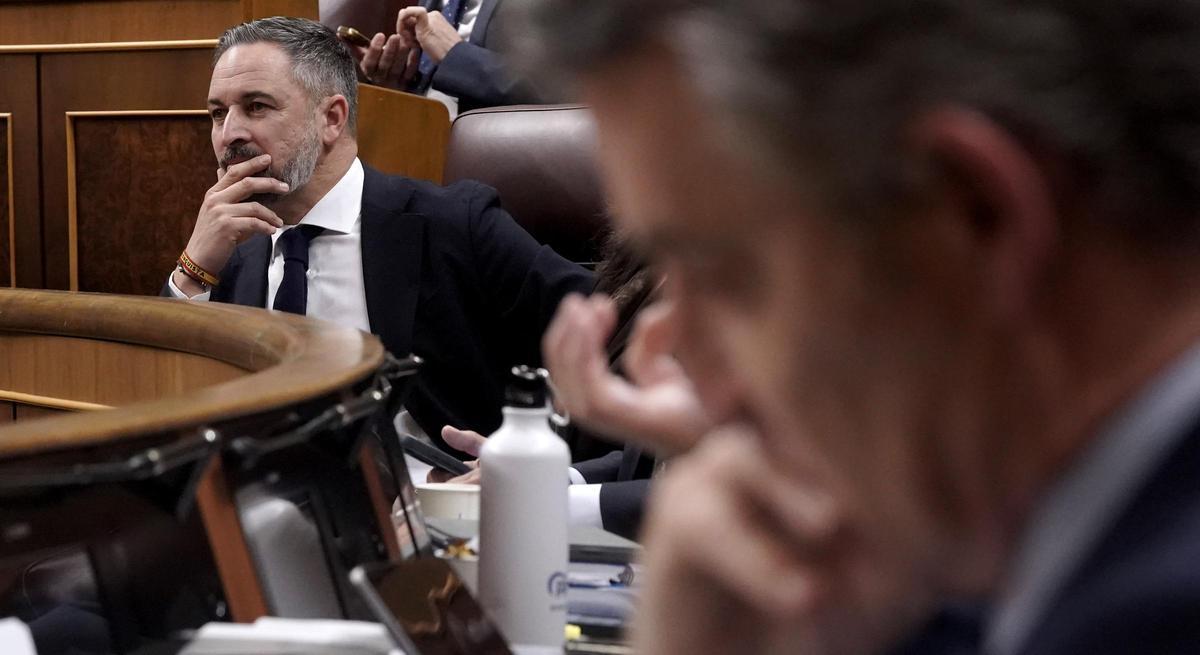 Santiago Abascal, Vox y Alberto Núñez Feijóo, PP. Comparecencia de Pedro Sánchez en el Congreso de los Diputados.
