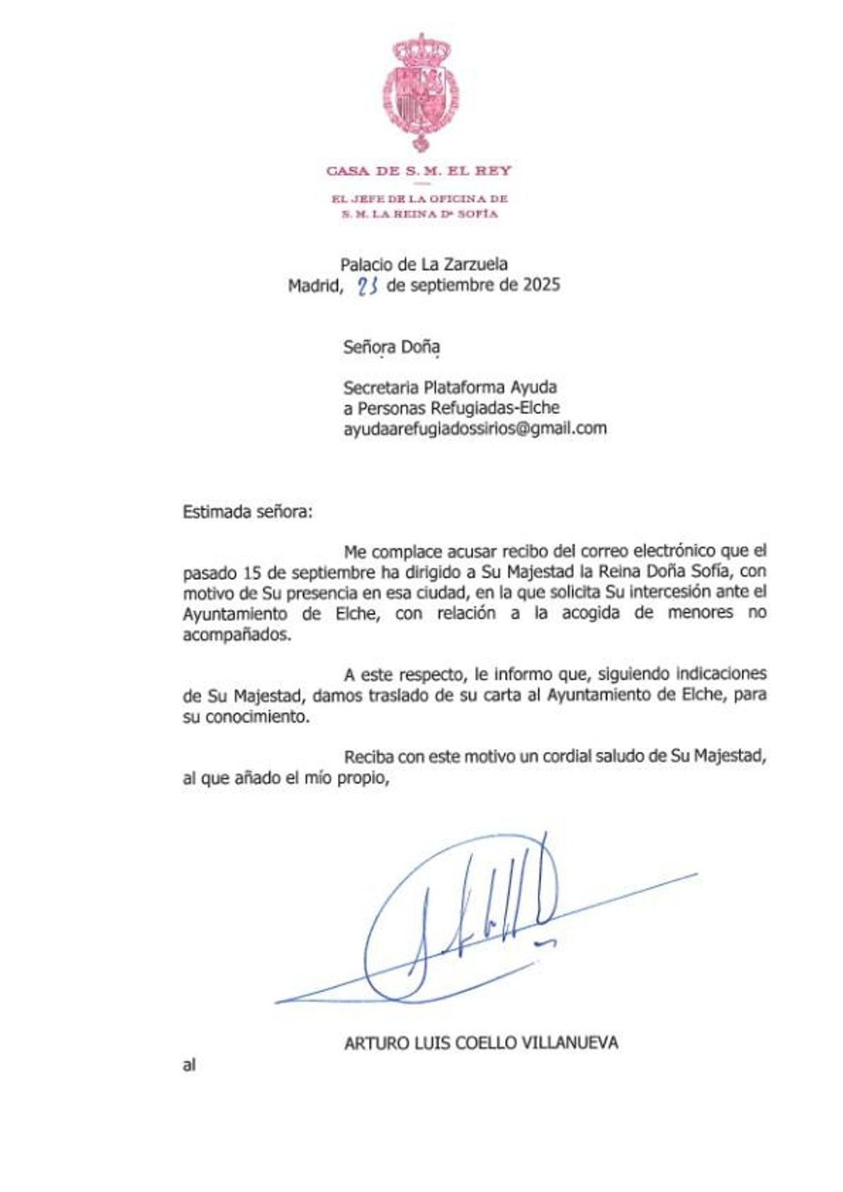 La carta enviada por la Casa de Su Majestad el Rey