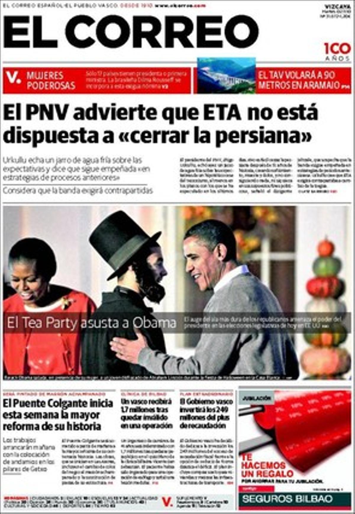 ’El Correo’ destaca que el president del PNB, Iñigo Urkullu, està convençut que ETA no està disposada a dissoldre’s a curt termini i sense exigir contrapartides.