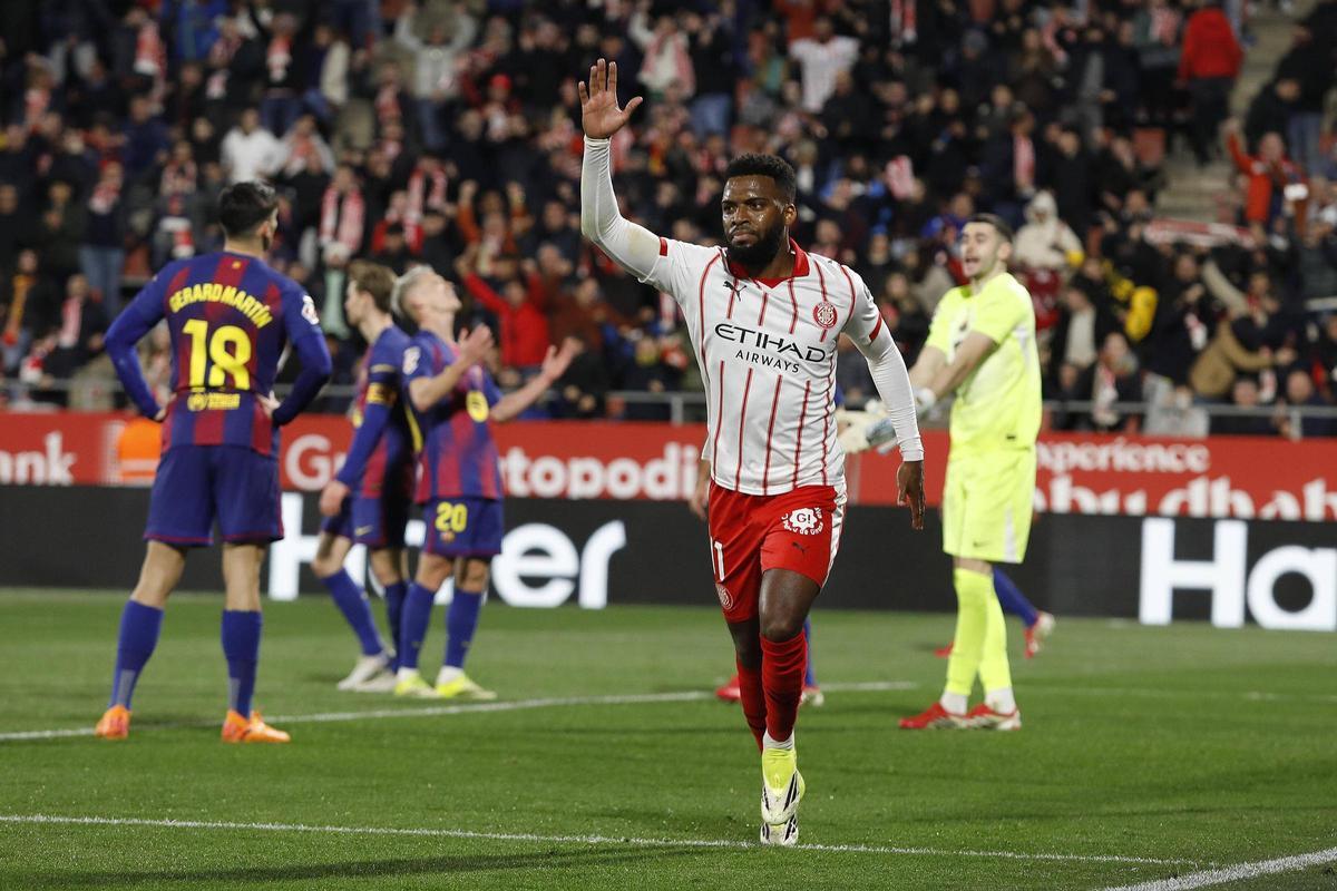 Lemar celebra el gol que va significar l’empat contra el Barça.
