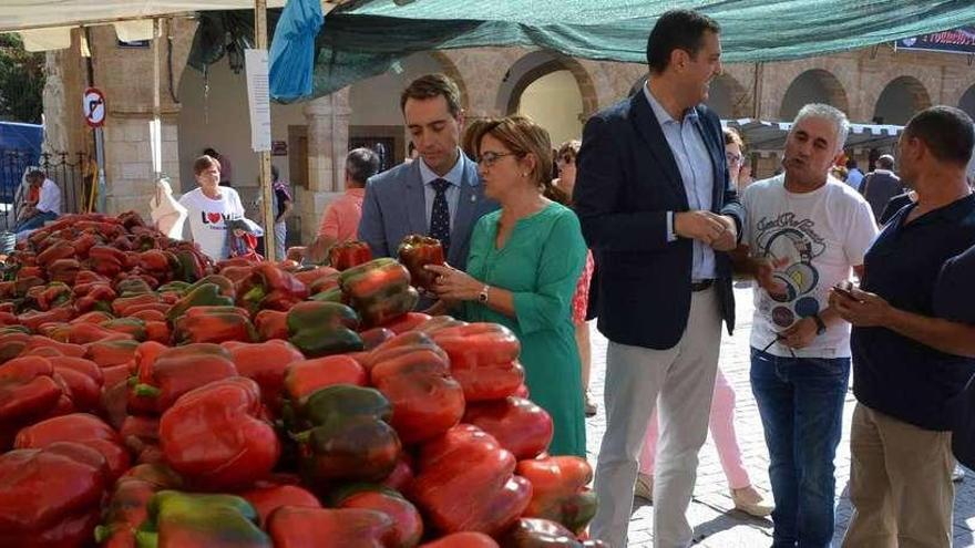 Representantes de las administraciones, de la organización y hortelanos, en el acto inaugural de la Feria del Pimiento, en la Plaza Mayor.