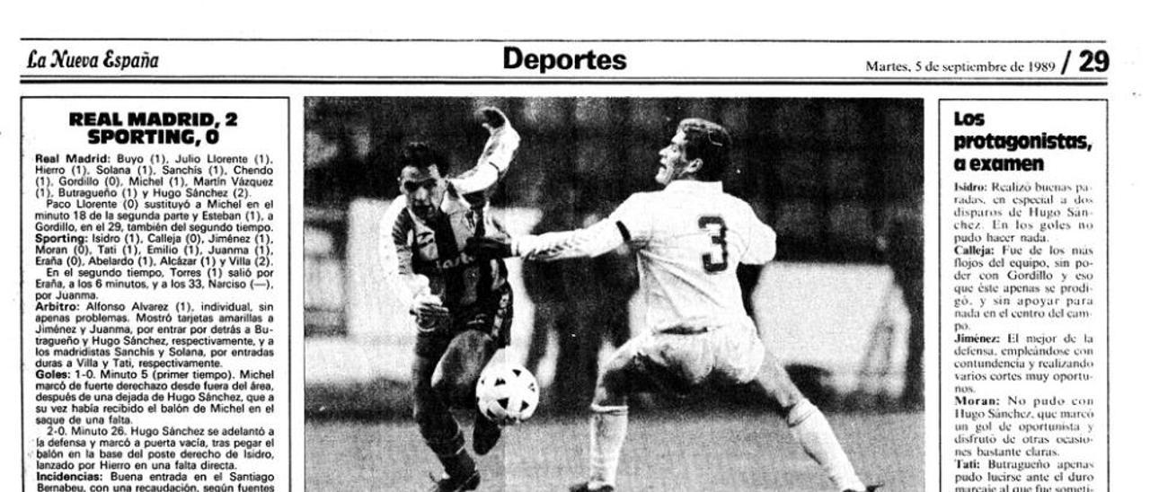 Alineación del Sporting en el Santiago Bernabéu el 3 de septiembre de 1989. Por la izquierda, arriba, Isidro, Juanma, Emilio, Abelardo, Eraña y Jiménez; agachados, Tati, Calleja, Alcázar, Villa y Kevin Moran.
