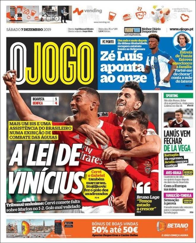 Esta es la portada de O Jogo del sábado 7 de diciembre