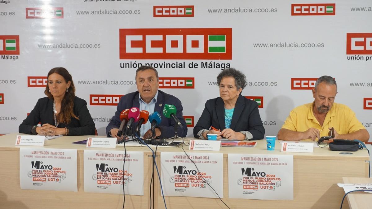 Lola Segado, Fernando Cubillo, Soledad Ruiz y Vicente Sandoval, en la presentación del Primero de Mayo realizada por CCOO y UGT en Málaga.