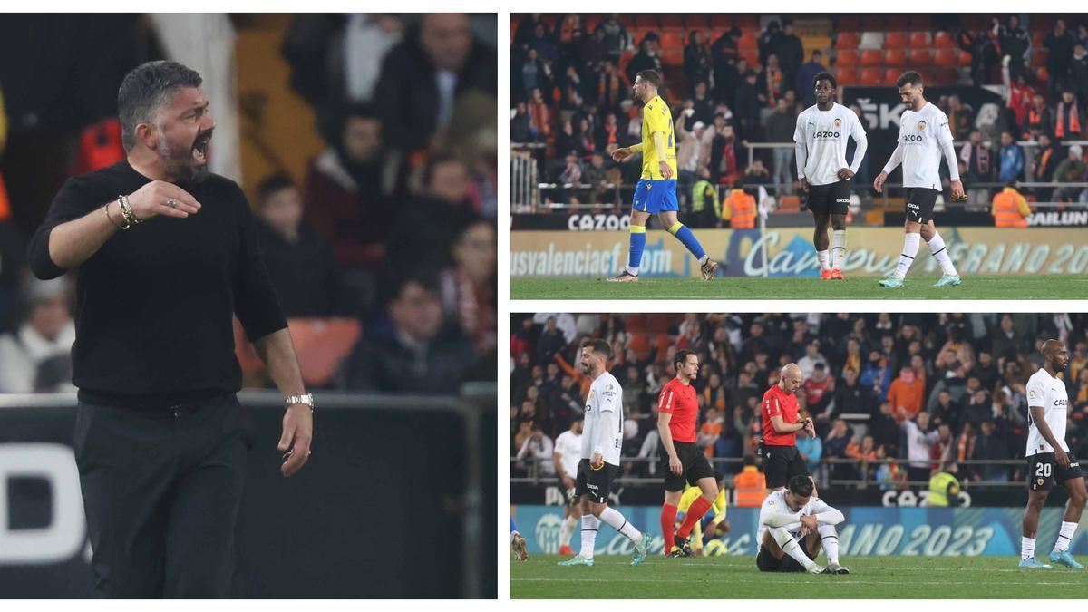 Las imágenes de los jugadores del Valencia decepcionados tras la derrota contra el Cádiz