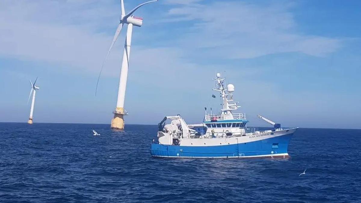 Un pesquero navegando cerca de un parque de eólica marina