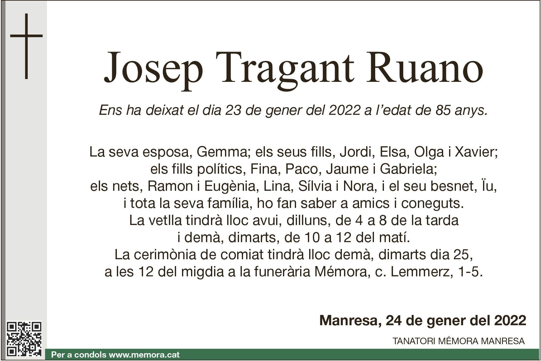Esquela Josep Tragant Ruano