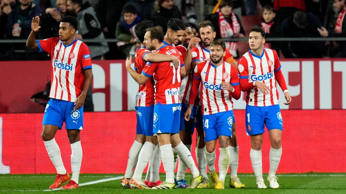 Los jugadorse del Girona celebran un gol en Montilivi