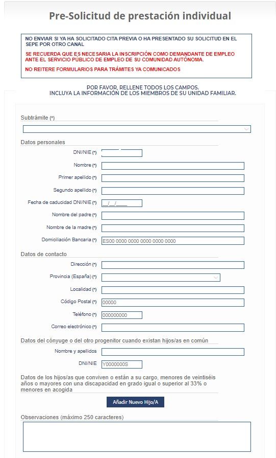 Este es el formulario para realizar una pre-solicitud de prestación individual por desempleo.