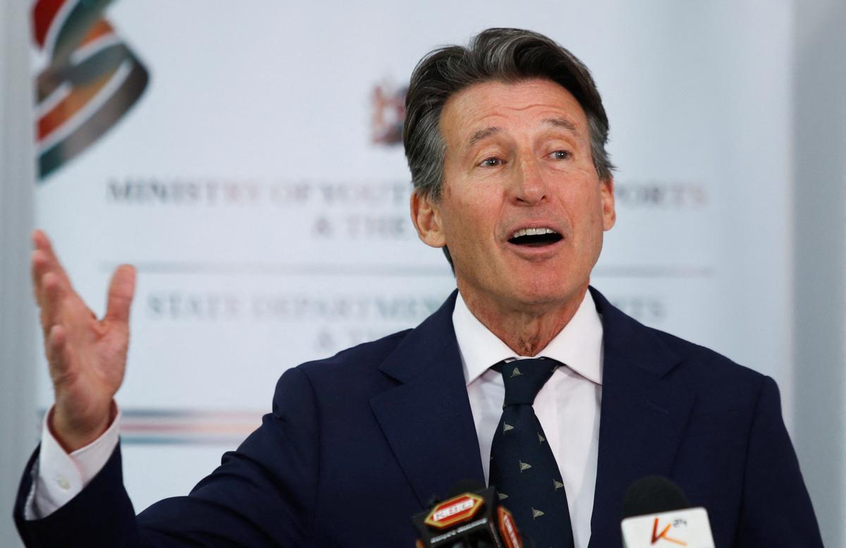 World Athletics President Sebastian Coe addresses a news conference during his visit to Nairobi