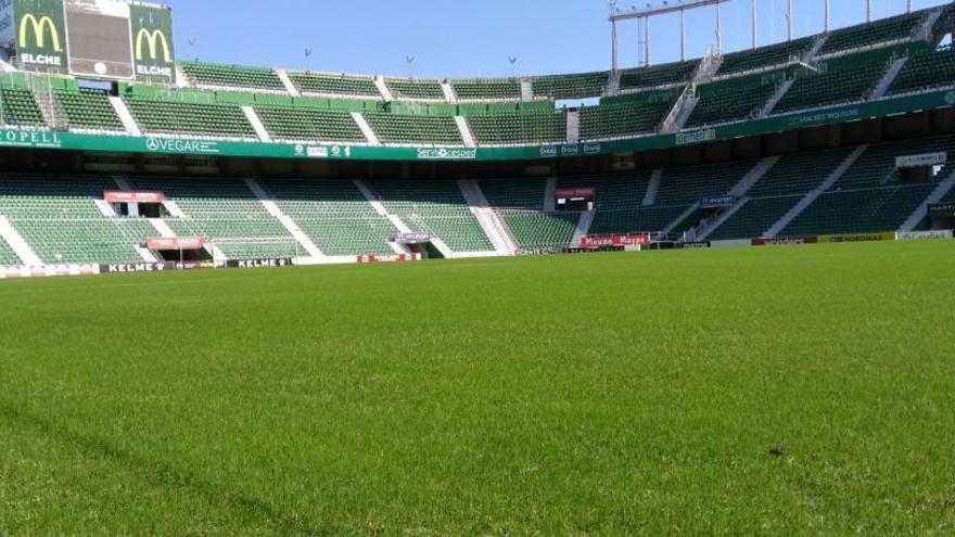 El césped del Martínez Valero ya está preparado para el partido del domingo