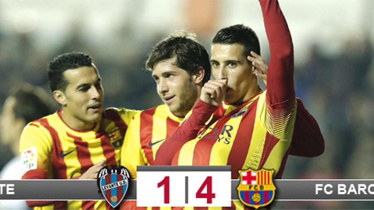 Cristian Tello se convirtió, junto a Leo Messi, en el gran protagonista del triunfo del Barça en campo del Levante que sitúa al equipo de Martino, prácticamente, en las semifinales de la Copa
