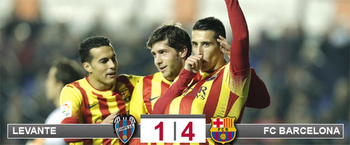 Cristian Tello se convirtió, junto a Leo Messi, en el gran protagonista del triunfo del Barça en campo del Levante que sitúa al equipo de Martino, prácticamente, en las semifinales de la Copa