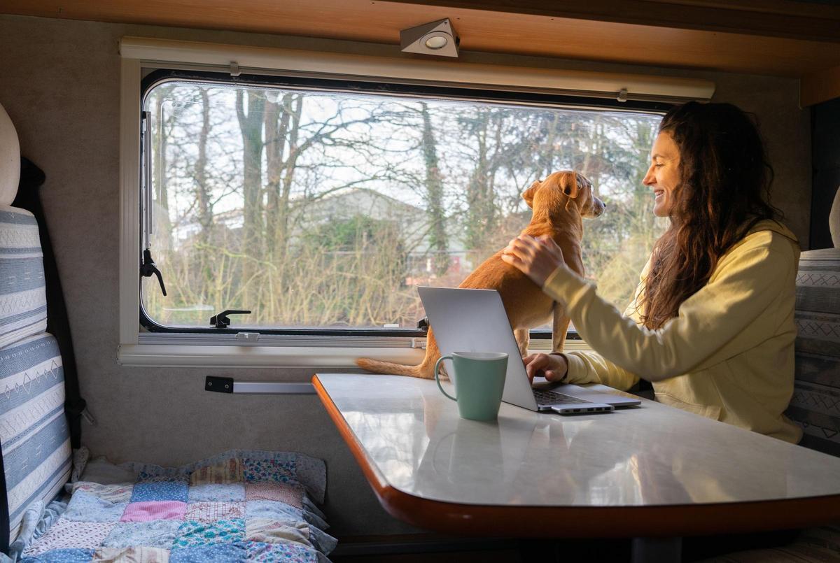 Viajera con su perro en tren.