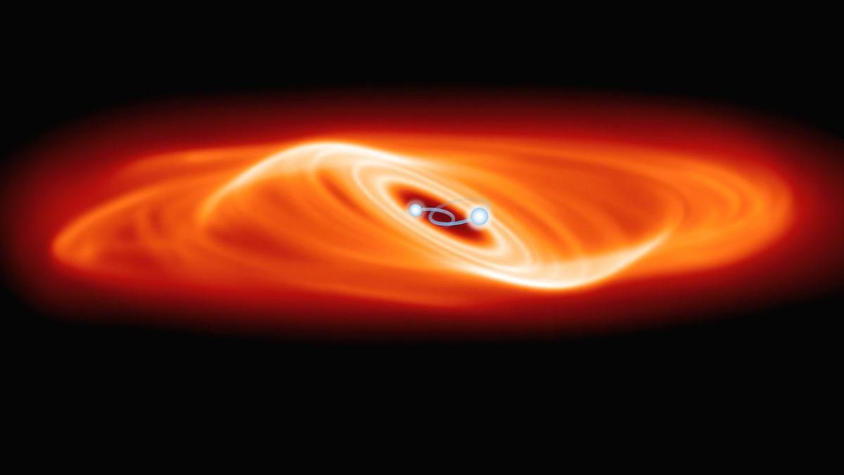 Ilustración del disco protoplanetario con estrellas binarias en el sistema descubierto.