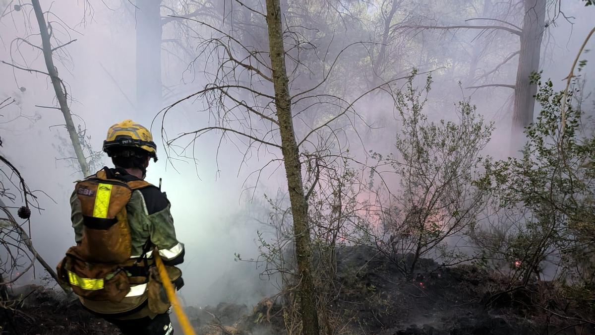 Bomberos forestales de la unidad de Jérica, trabajando en un dispositivo nocturno en Eslida.