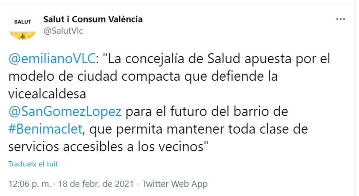 Captura del Twiter oficial de Salut i Consum València que tercia en la polémica del PAI de Benimaclet