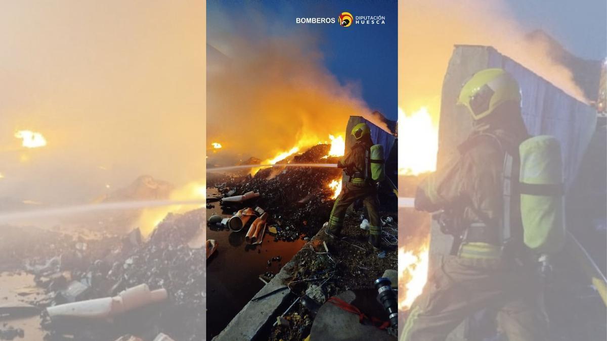 Bomberos de la Diputación Provincial de Huesca intervenían durante la pasada noche en un incendio declarado en una empresa de reciclaje de Fraga.