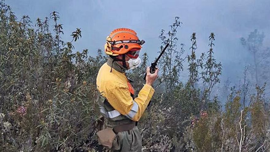 Un trabajador forestal con la mascarilla en la extinción del incendio en Latedo