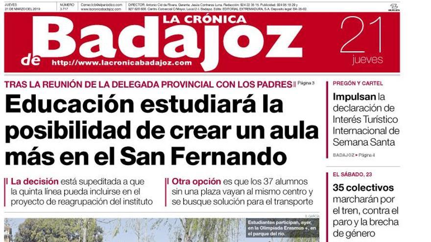 Esta es la portada de LA CRÓNICA DE BADAJOZ correspondiente al día 21 de marzo del 2019